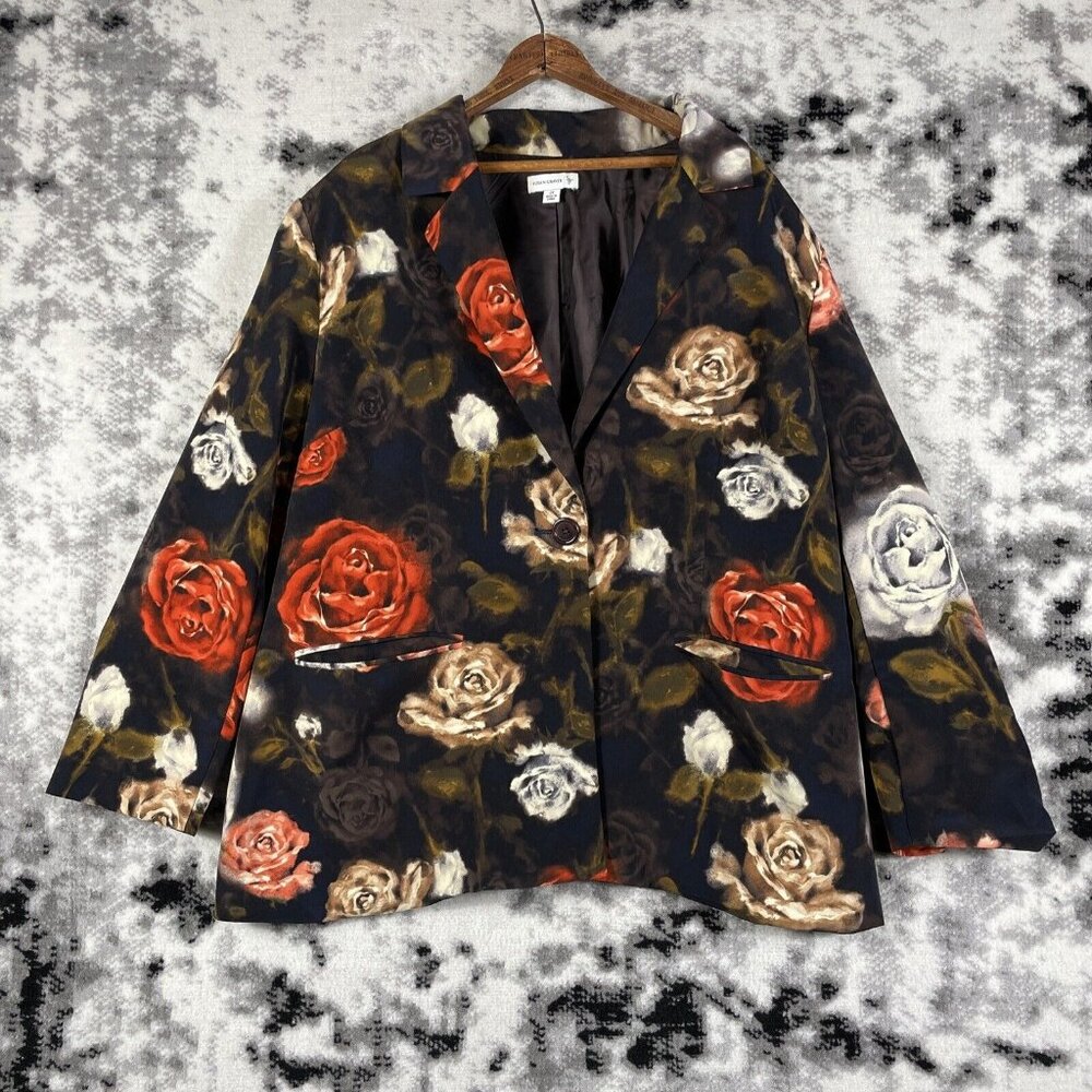 Susan Graver Black Floral Blazer with Red & Cream Roses